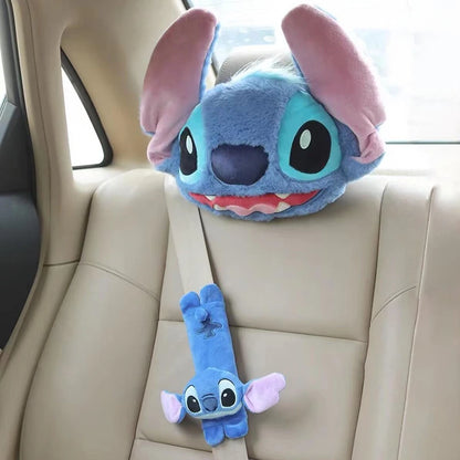 Cartoon Stitch Car Headrest Neck Pillow Neck Support Car Seat Belt Shoulder Cover Child Protective Cute Car Interior Accessories
