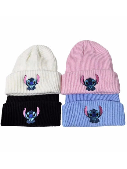 1pc Stitch Knit Hat Cartoon Embroidered Benie Cap Cute Unisex Warm Stretchy Hats Birthday Gift for Adult Outdoor Thermal Caps