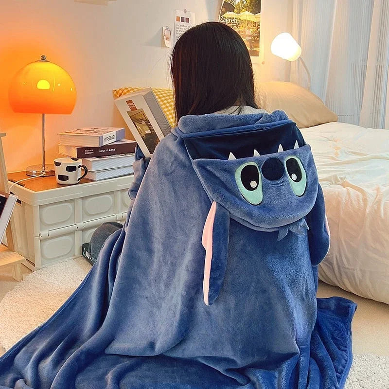 Comfortable Stitch Hooded Blanket Cartoon Anime Thickened Cloak Flannel Nap Sleeping Indoor Warm Stitch Blanket Gifts Girl