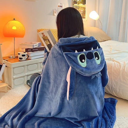 Comfortable Stitch Hooded Blanket Cartoon Anime Thickened Cloak Flannel Nap Sleeping Indoor Warm Stitch Blanket Gifts Girl