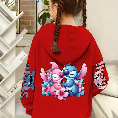 Stitch Cartoon Print Hoodie for Girls and Boys Comfy Pink Pullover Casual Loose Fit Perfect Back To School Gift Casual Hoodie