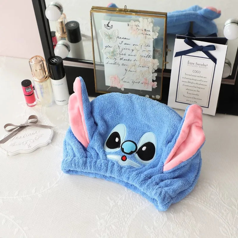 Stitch Super Absorbent Drying Cap - Thickened Coral Fleece Quick-Drying Shower Cap, Cute Cartoon Hair Towel, with Elastic Band