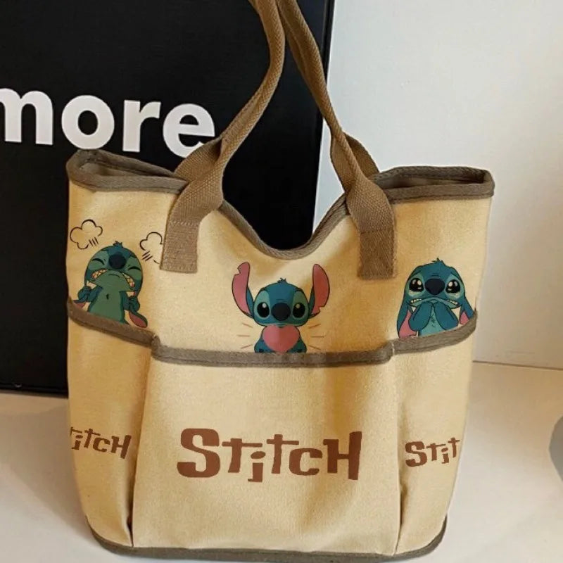 Stitch Shoulder Bag Cartoon Cute Characters Retro Women's Commuter Large Capacity Zipper Canvas Tote Bag Storage Daily Outfit