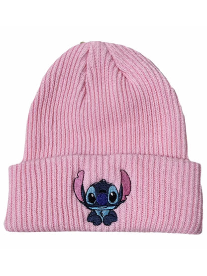 1pc Stitch Knit Hat Cartoon Embroidered Benie Cap Cute Unisex Warm Stretchy Hats Birthday Gift for Adult Outdoor Thermal Caps