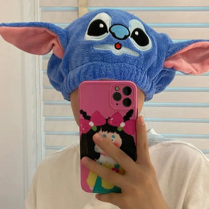 Stitch Super Absorbent Drying Cap - Thickened Coral Fleece Quick-Drying Shower Cap, Cute Cartoon Hair Towel, with Elastic Band
