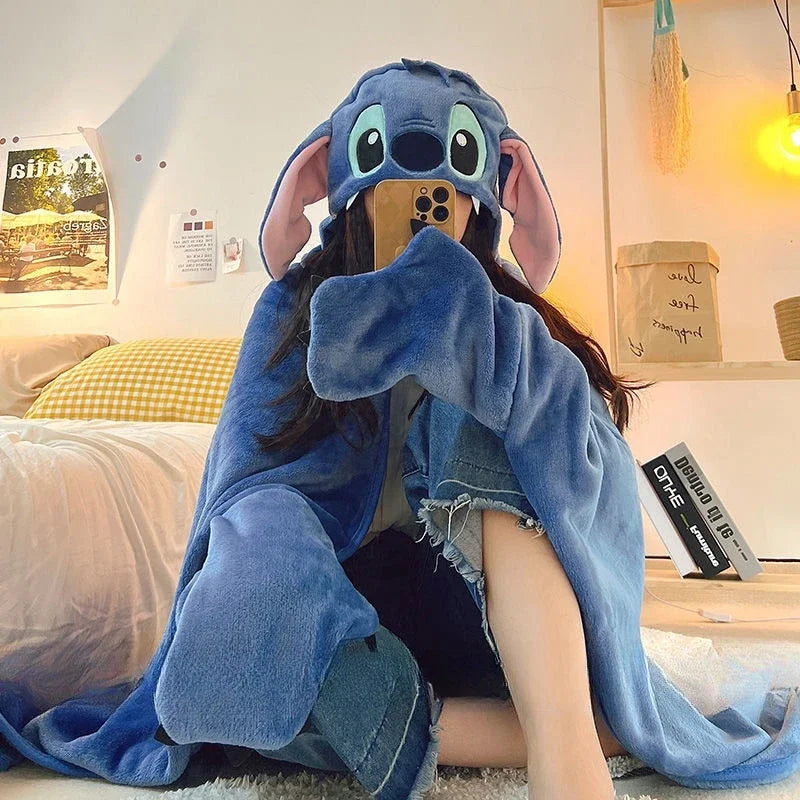 Comfortable Stitch Hooded Blanket Cartoon Anime Thickened Cloak Flannel Nap Sleeping Indoor Warm Stitch Blanket Gifts Girl