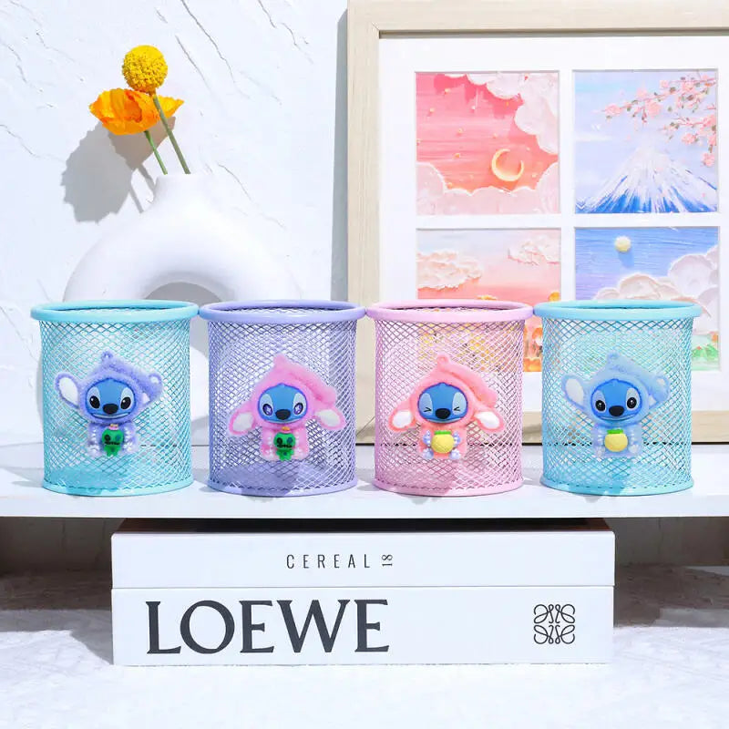 Stitch Character Flocked Cylinder Pen Cup Creative Cute Desk Accessory Design Perfect for Pencils Brushes School Office Decor