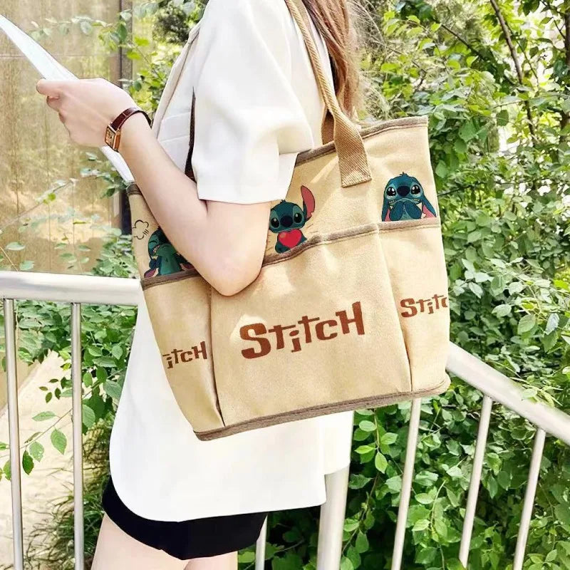 Stitch Shoulder Bag Cartoon Cute Characters Retro Women's Commuter Large Capacity Zipper Canvas Tote Bag Storage Daily Outfit
