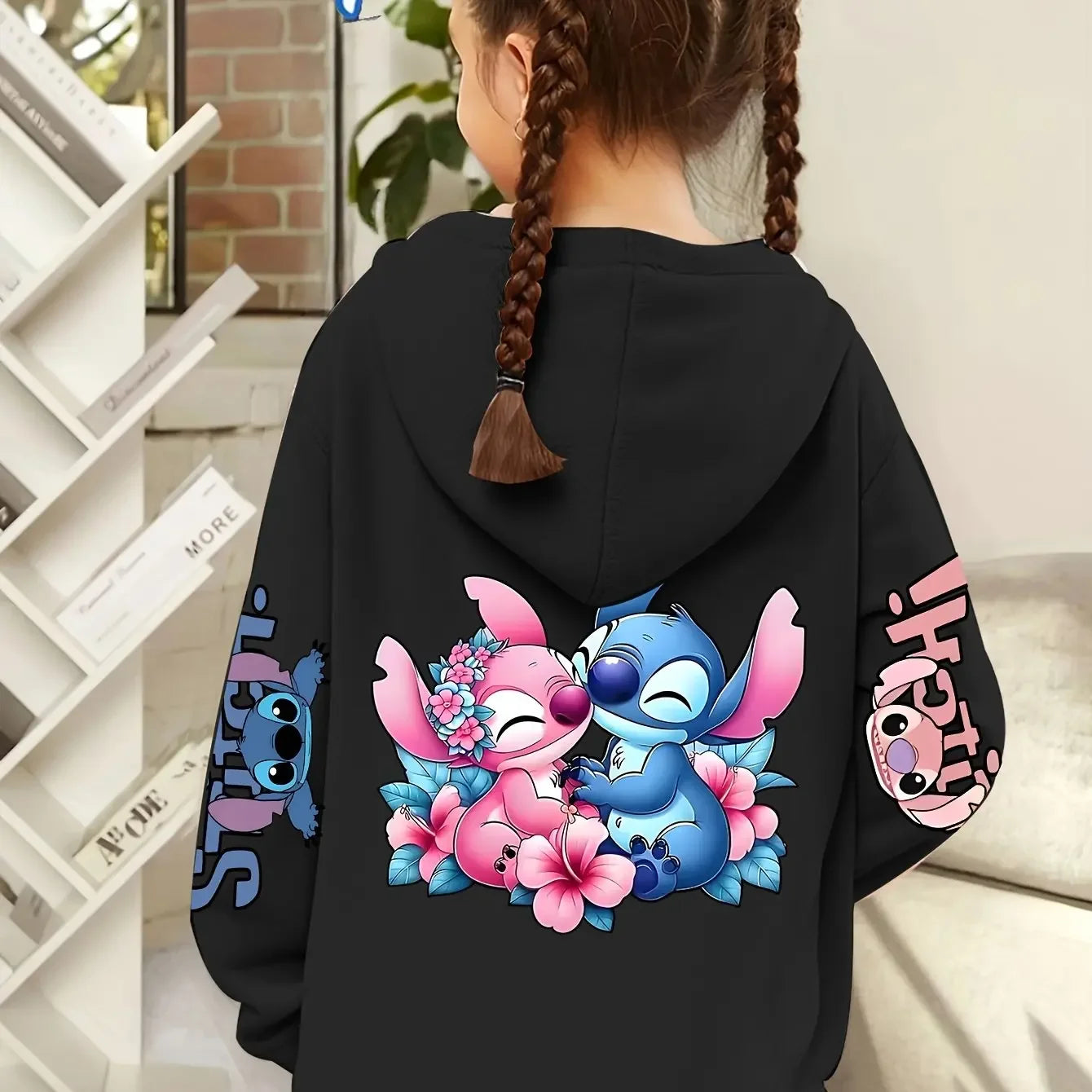 Stitch Cartoon Print Hoodie for Girls and Boys Comfy Pink Pullover Casual Loose Fit Perfect Back To School Gift Casual Hoodie