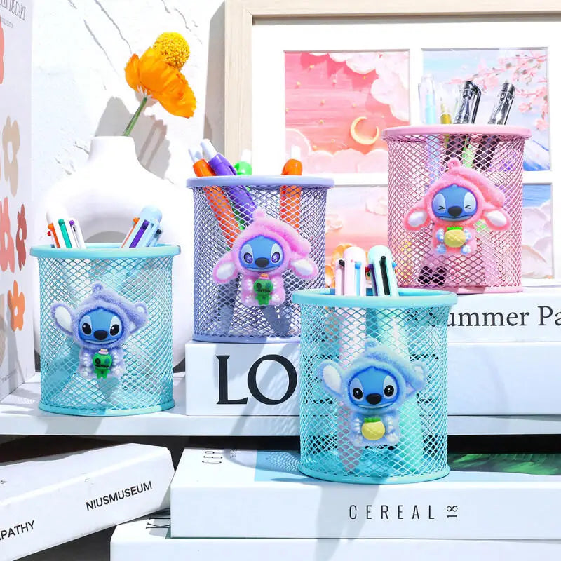 Stitch Character Flocked Cylinder Pen Cup Creative Cute Desk Accessory Design Perfect for Pencils Brushes School Office Decor