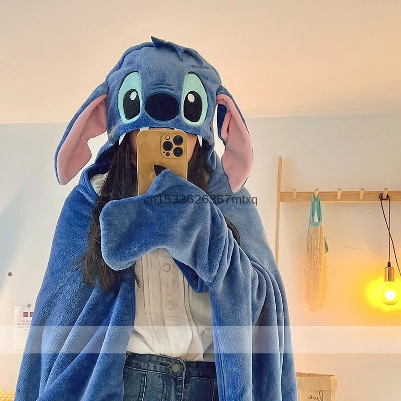 Comfortable Stitch Hooded Blanket Cartoon Anime Thickened Cloak Flannel Nap Sleeping Indoor Warm Stitch Blanket Gifts Girl
