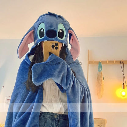 Comfortable Stitch Hooded Blanket Cartoon Anime Thickened Cloak Flannel Nap Sleeping Indoor Warm Stitch Blanket Gifts Girl