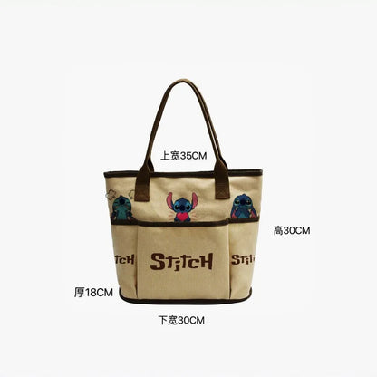 Stitch Shoulder Bag Cartoon Cute Characters Retro Women's Commuter Large Capacity Zipper Canvas Tote Bag Storage Daily Outfit