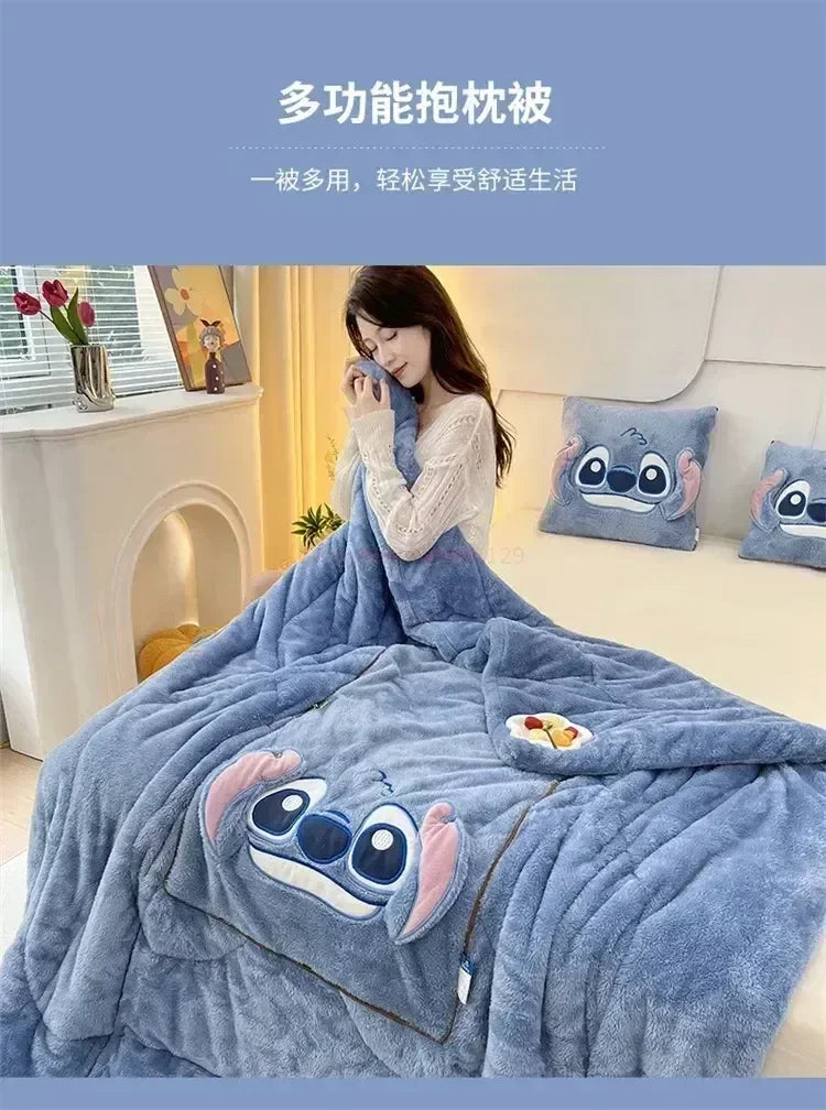 Stitch Throw Pillow Blankets Two In One Kawaii Flannel Thickened Nap Blanket Living Room Kids Bedroom Decoration Girl Gift