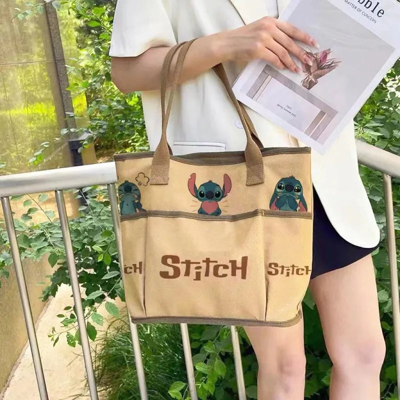 Stitch Shoulder Bag Cartoon Cute Characters Retro Women's Commuter Large Capacity Zipper Canvas Tote Bag Storage Daily Outfit