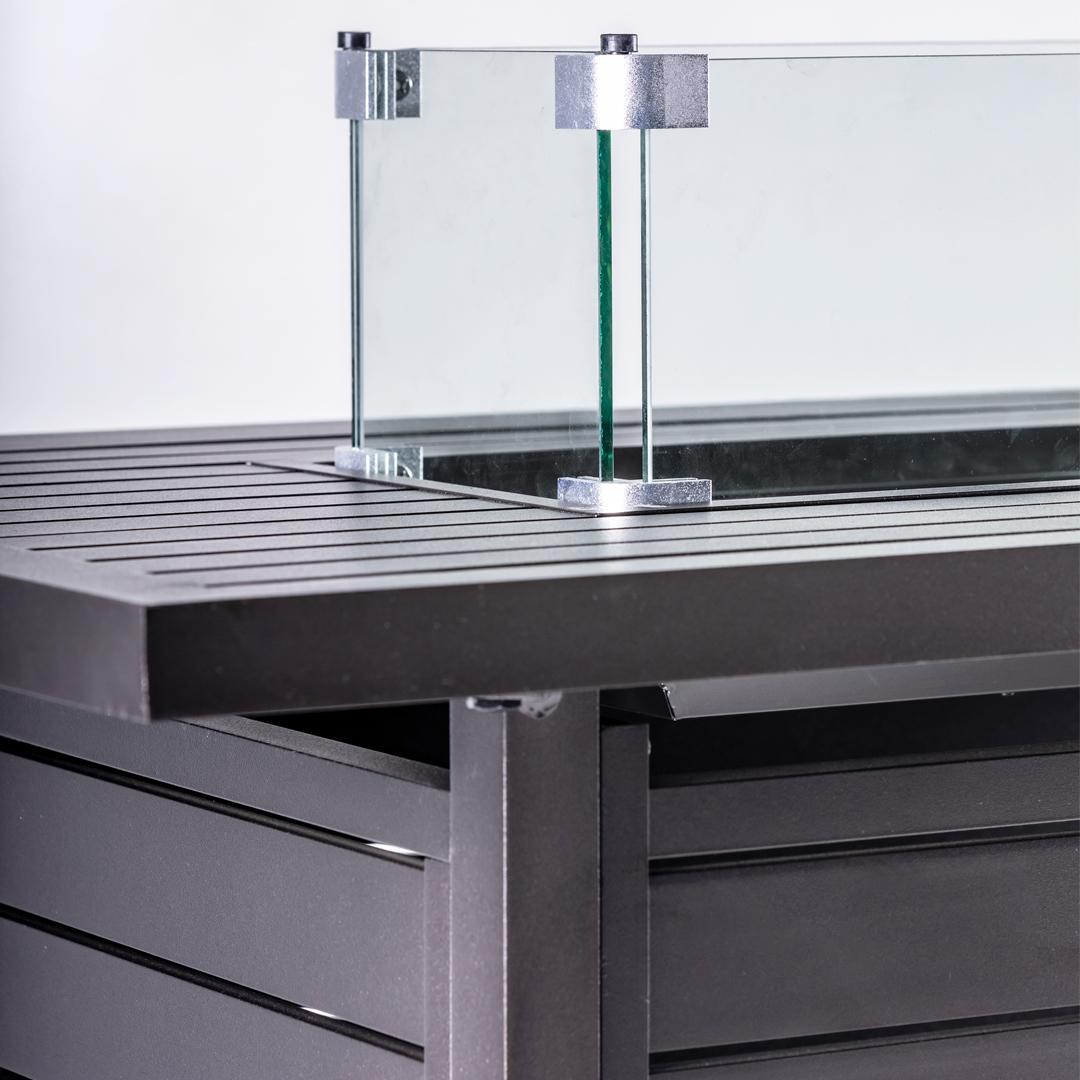 57IN Aluminum Fire Table with Glass Wind Guard with Cover and Table Lid, Bronze, Rectangular