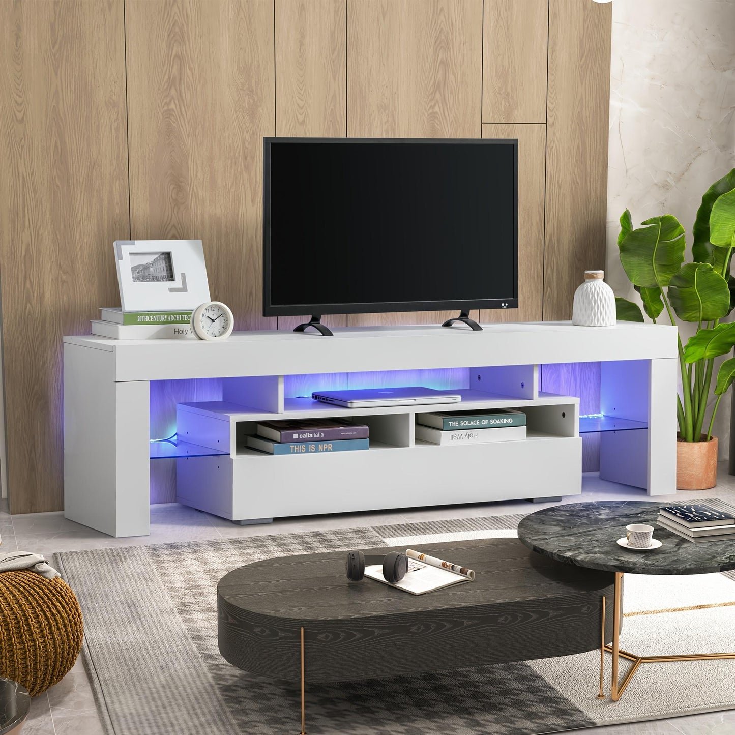 63-inch Modern High-Gloss TV Stand for 65/70-inch TVs – Entertainment Center with Storage Drawer & RGB LED Lighting