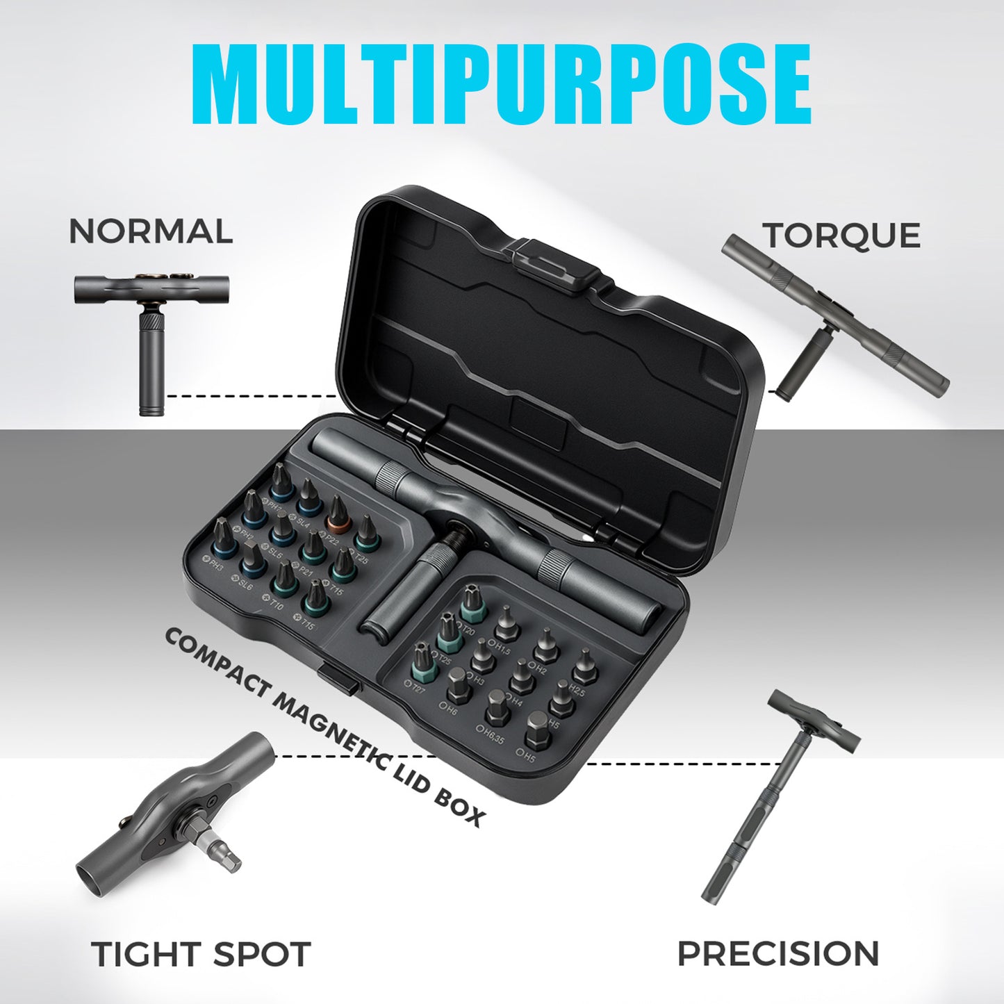 VMAN 24-in-1 Magnetic Ratchet Screwdriver Set with S2 Steel Bits & Flexible Shaft - Heavy-Duty Torque Wrench Kit with Ergonomic Handle, Impact-Resistant Case for DIY, Furniture Assembly, Electronics Repair, Bicycle Maintenanc