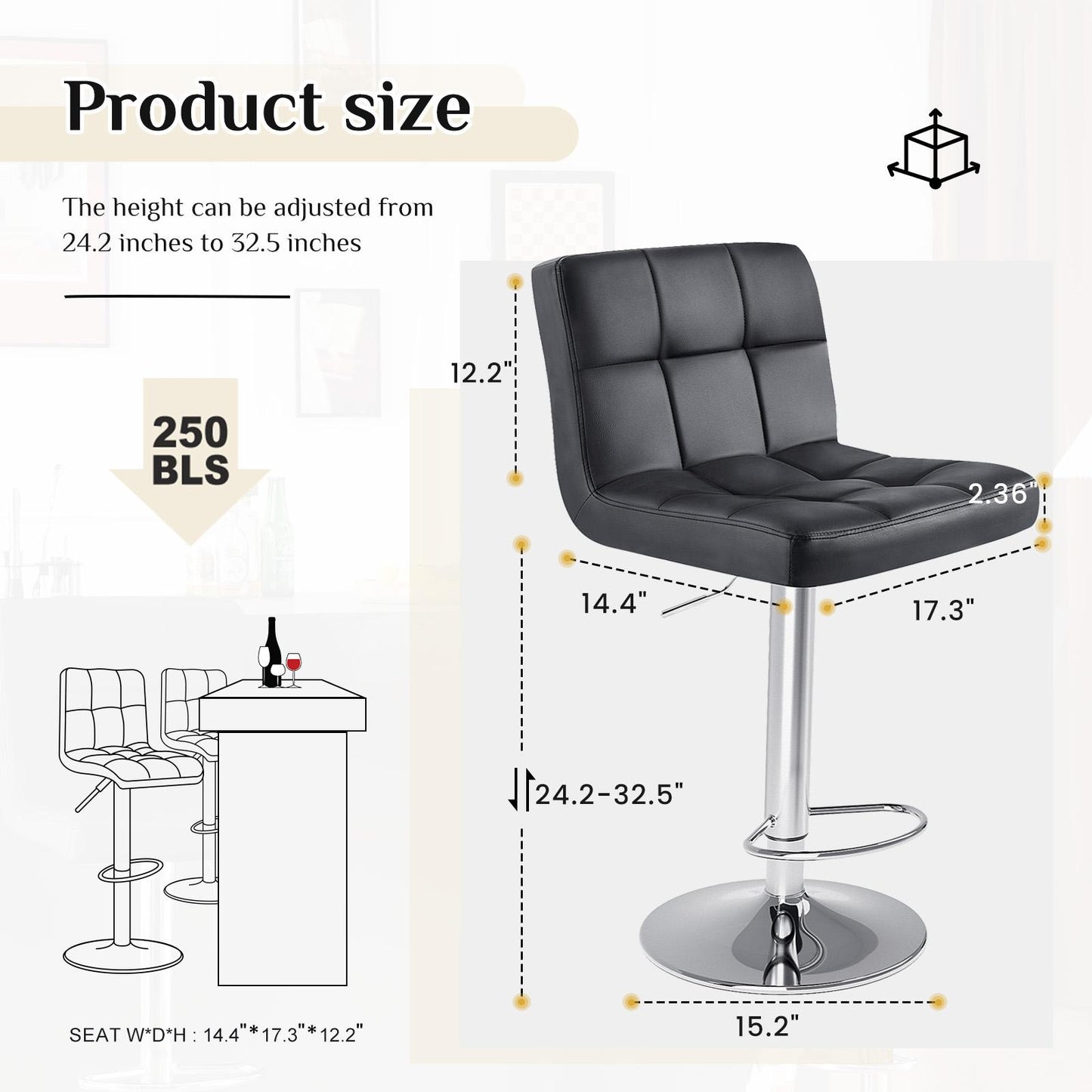 Bar Stools Set of 2, Counter Height Barstools,Square Seat Cushion Barstool with Back, Height Adjustable PU Leather Swivel Barstool ,White