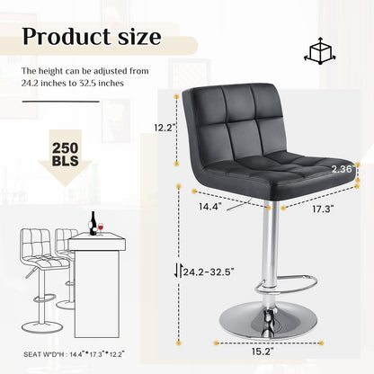 Bar Stools Set of 2, Counter Height Barstools,Square Seat Cushion Barstool with Back, Height Adjustable PU Leather Swivel Barstool ,White