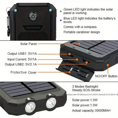10000mAh/20000mAh Solar Powered Power Bank with Flashlight/USB/Type-C/Micro Interface/compass for Mobile Digital Electronics Devices, Durable and Long-lasting, Travel Camping, LED Flashlight, Hiking Buckle. The Best Gift for