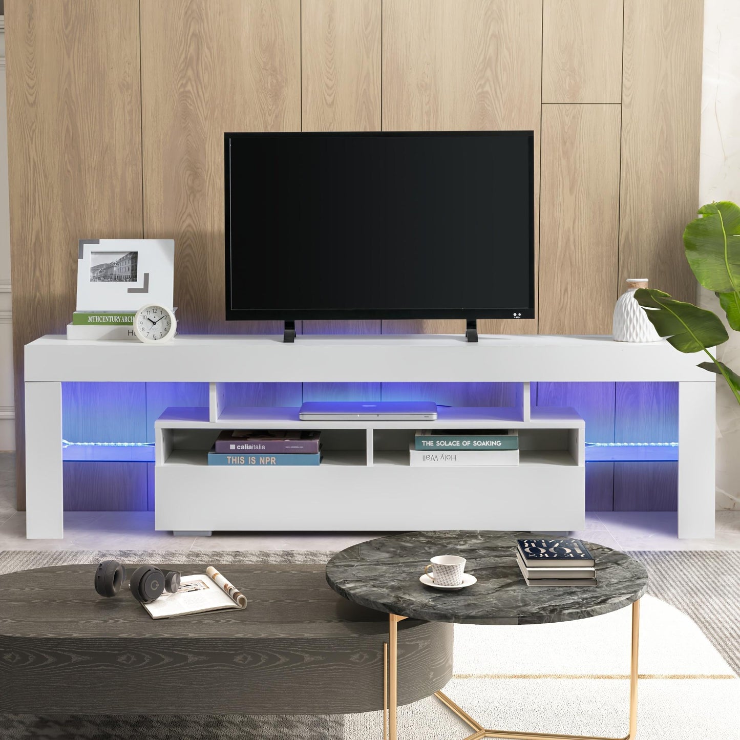 63-inch Modern High-Gloss TV Stand for 65/70-inch TVs – Entertainment Center with Storage Drawer & RGB LED Lighting