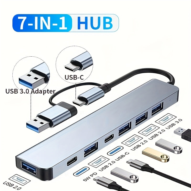 USB C Adapter, 7-in-1 USB Extender With Aluminum Alloy Housing, USB 3.0 Splitter With 1 USB 3.0, 4 USB 2.0 And 2 USB C Ports, For Electronics, Computers And Accessories, Peripherals, Port Adapters