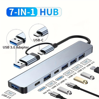 USB C Adapter, 7-in-1 USB Extender With Aluminum Alloy Housing, USB 3.0 Splitter With 1 USB 3.0, 4 USB 2.0 And 2 USB C Ports, For Electronics, Computers And Accessories, Peripherals, Port Adapters