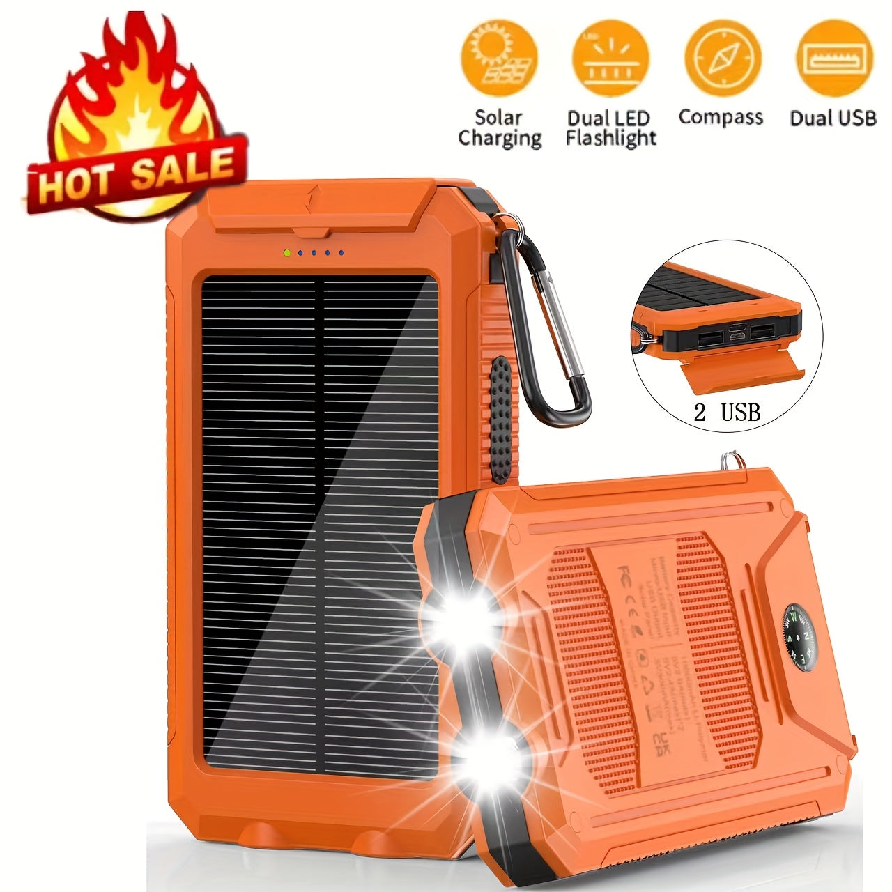 10000mAh/20000mAh Solar Powered Power Bank with Flashlight/USB/Type-C/Micro Interface/compass for Mobile Digital Electronics Devices, Durable and Long-lasting, Travel Camping, LED Flashlight, Hiking Buckle. The Best Gift for