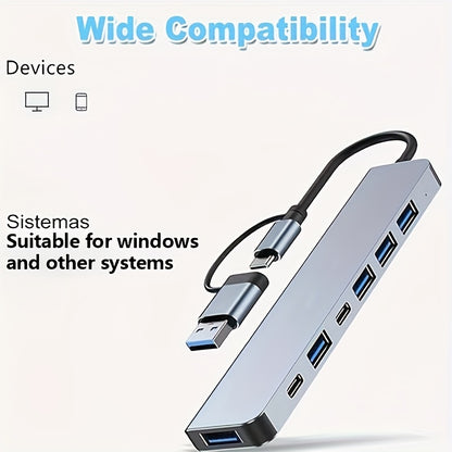 USB C Adapter, 7-in-1 USB Extender With Aluminum Alloy Housing, USB 3.0 Splitter With 1 USB 3.0, 4 USB 2.0 And 2 USB C Ports, For Electronics, Computers And Accessories, Peripherals, Port Adapters