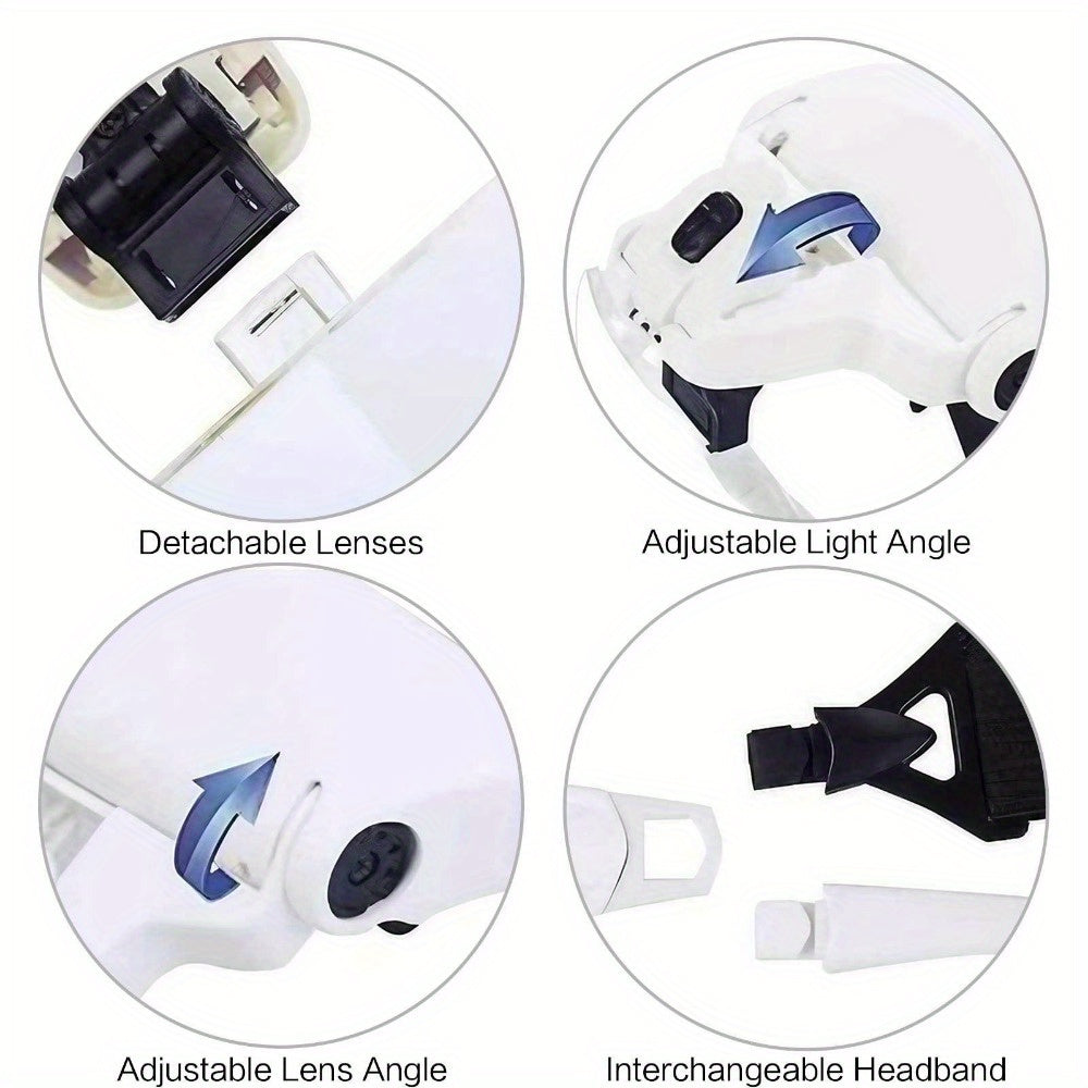 Head-Mounted Magnifier - LED Illumination, Adjustable Headband, Battery Powered with 5 Interchangeable Lenses 1.0X, 1.5X, 2.0X, 3.0X, 4.0X for Reading, Repairing, Jewelry Making, Electronics Maintenance, and Fine Work - Light